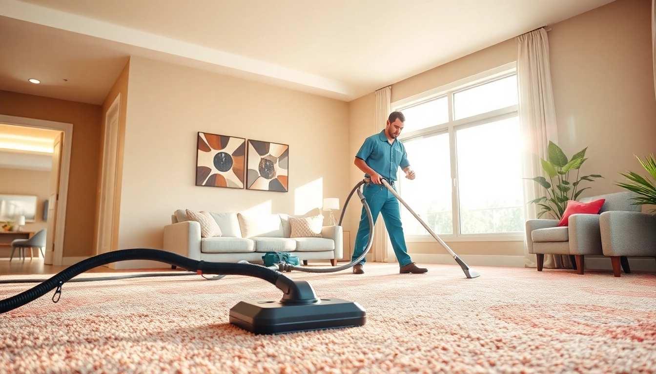 Carpet cleaning near me by a professional in a bright living room.