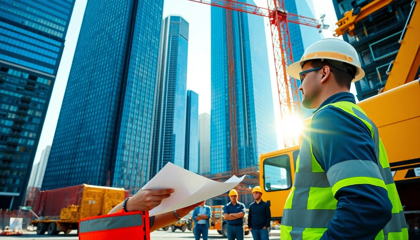 Manhattan General Contractor managing a construction team on a New York site with skyscrapers.