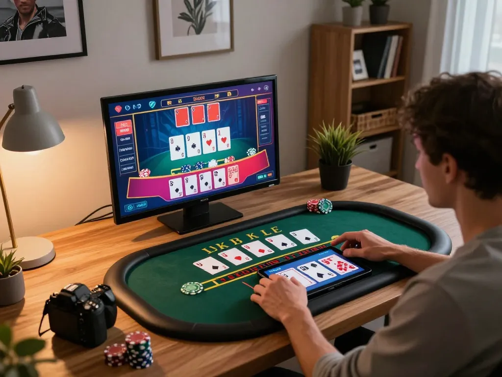 Engaging online gameplay at home with hakobhakobyanart tablet showing live dealer casino action, creating an inviting atmosphere.
