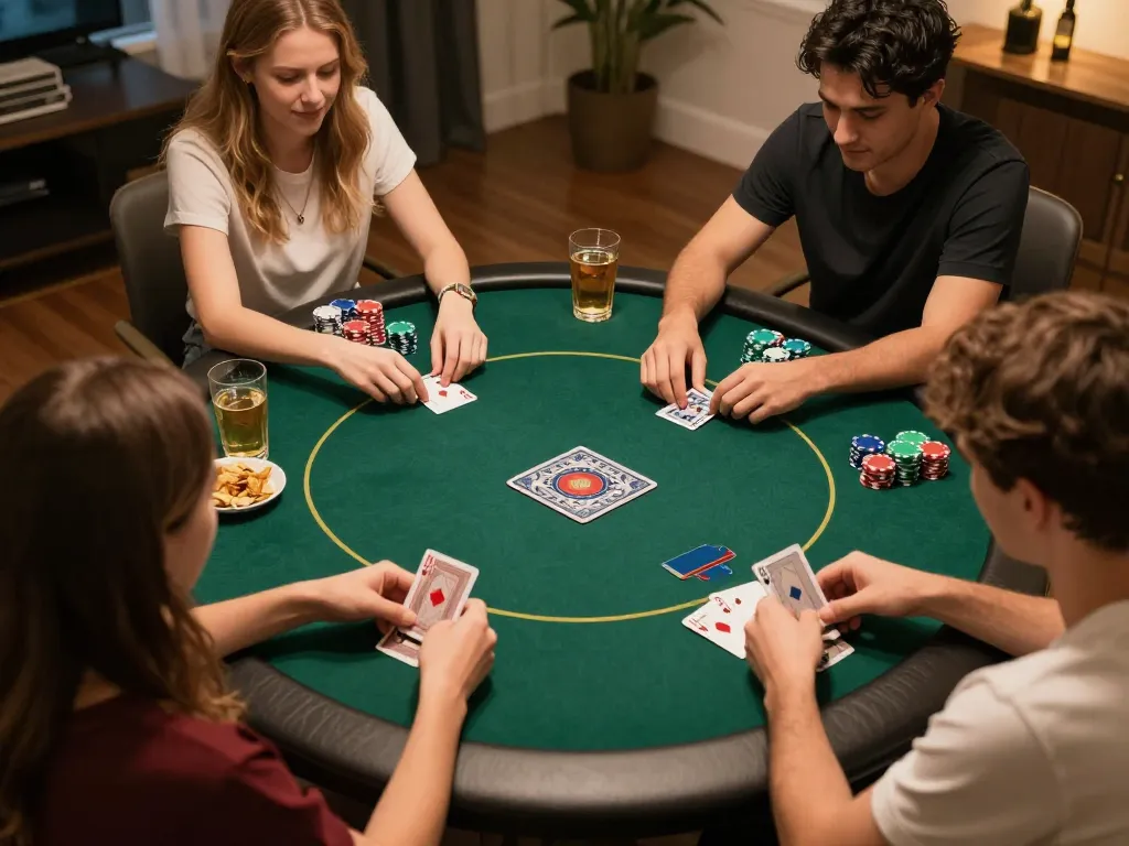 Engaged kp88 players strategizing during a friendly home poker night with vibrant snacks.