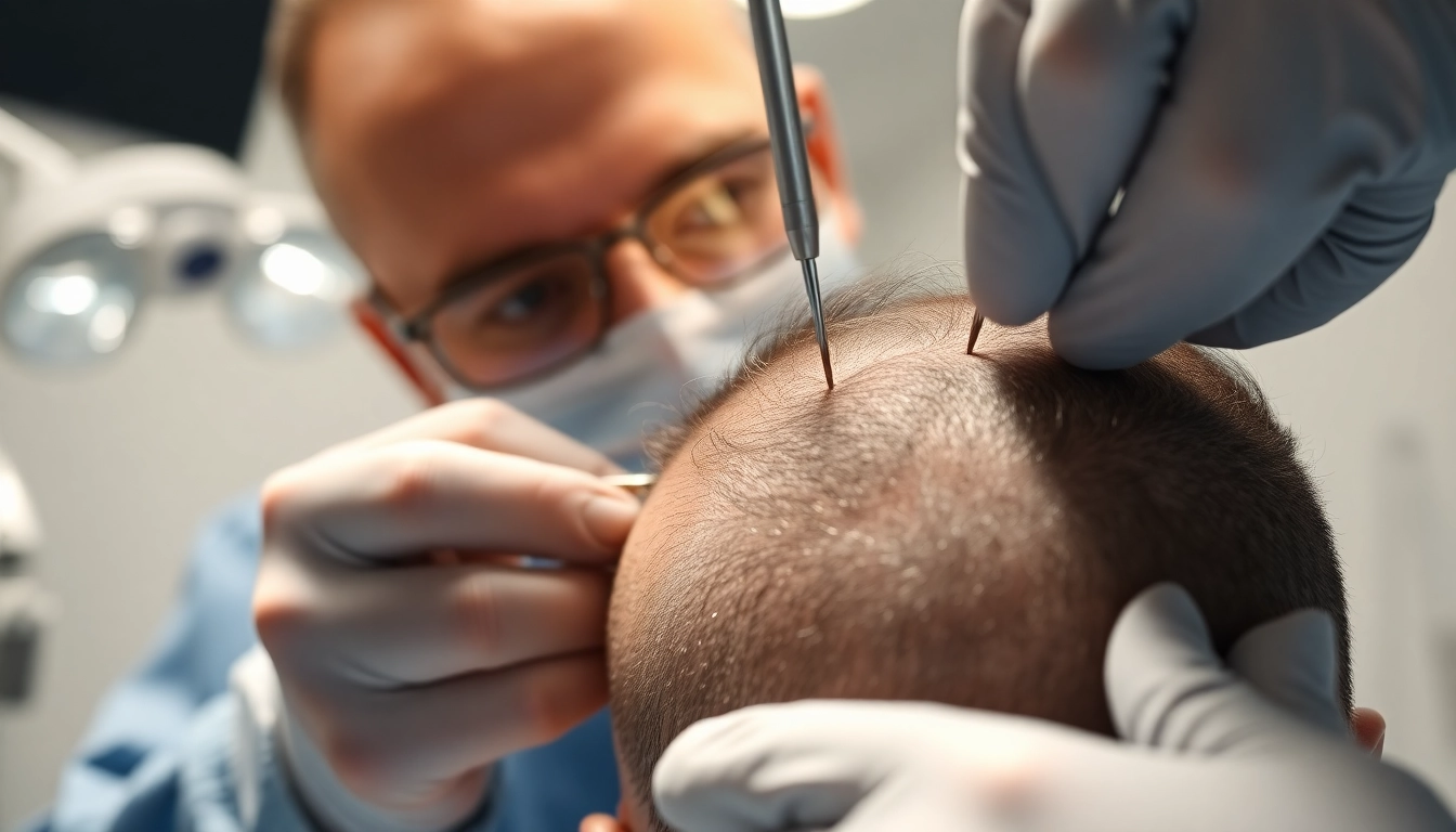 Hair transplant procedure in action, showcasing precision with hair follicles being placed on a patient’s scalp.