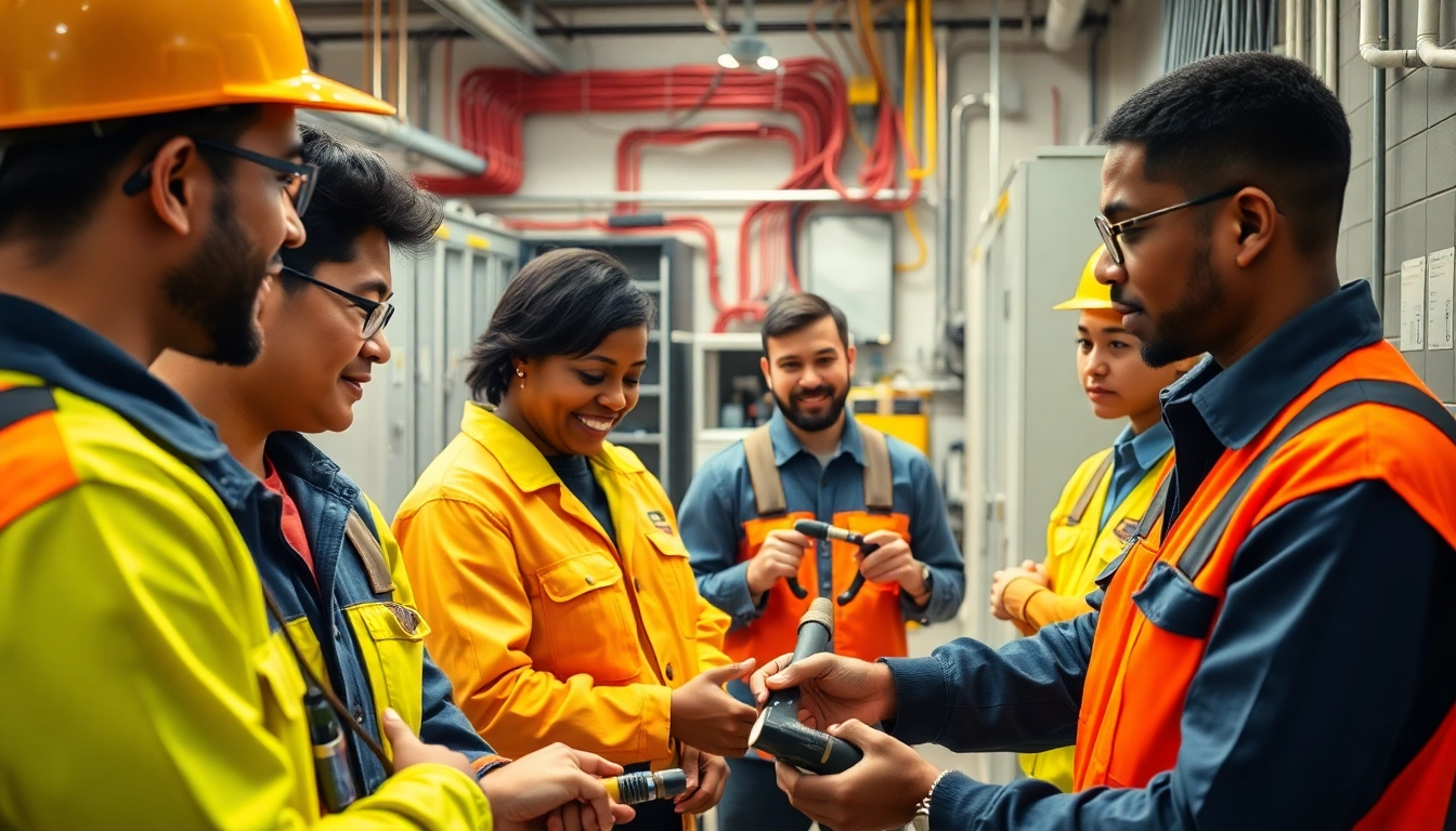 Electrician apprentices working together in a training workshop, highlighting electrical apprenticeship