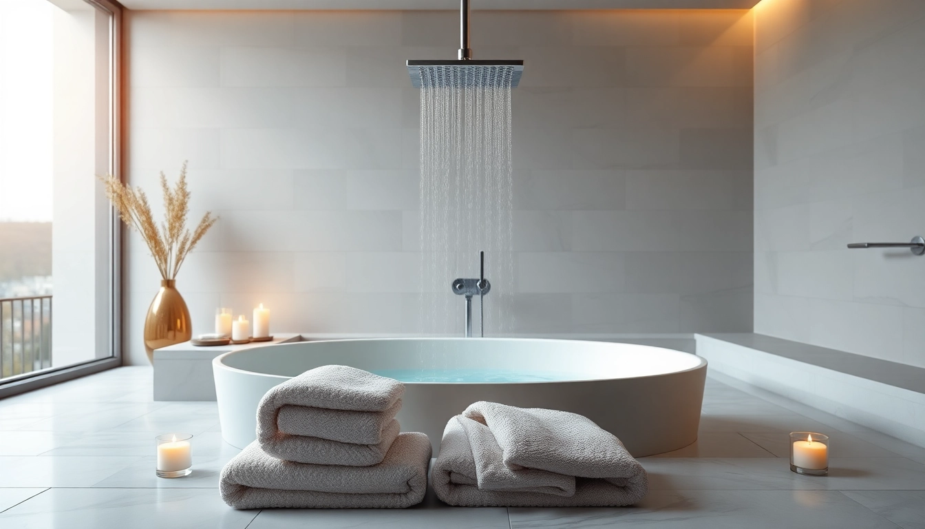 A tranquil scene of elegant showers Australia featuring a rainfall showerhead and luxurious bathtub.