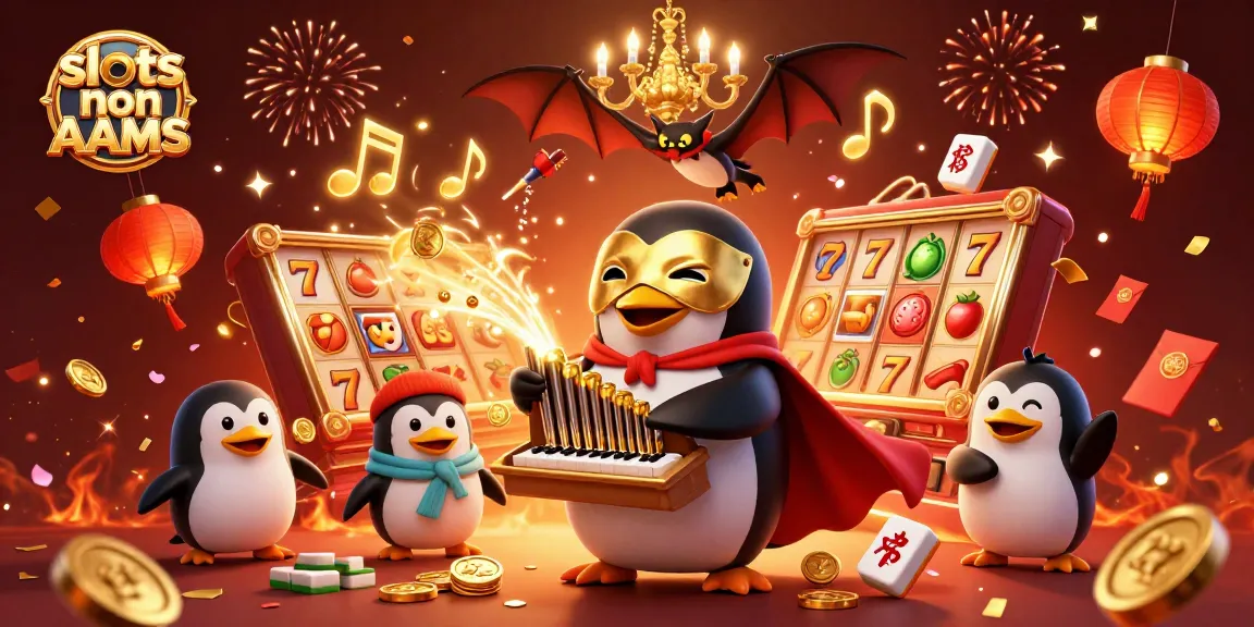 Gioca alle slot non AAMS con un pinguino fantasma mentre lancia monete d'oro tra fuochi d'artificio.