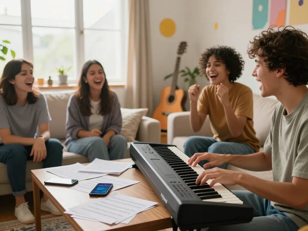 Friends enjoying music together using the go 88 digital piano in a bright, lively setting.