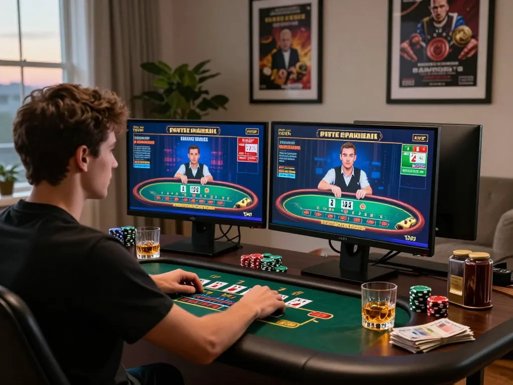 Engaged player at a computer enjoying 바카라사이트 with live dealer games and casino elements in a luxurious setting.
