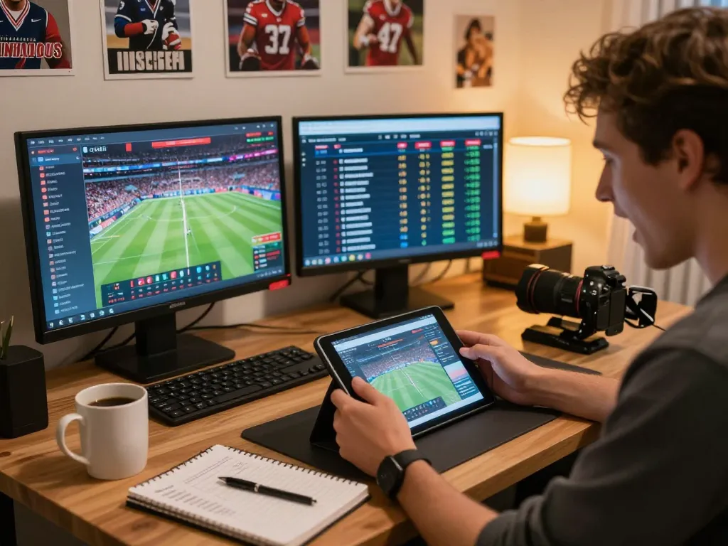 Kèo nhà cái 55 user placing bets on sports via tablet in cozy home setting.