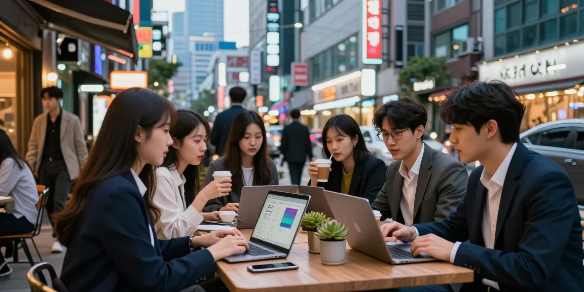 강남 달토에서 현대적인 도심 거리 풍경을 배경으로 커피를 나누는 젊은 전문가들