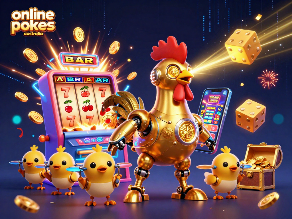 Engage with top online pokies Australia featuring vibrant 3D casino game elements, jackpot excitement, and fun characters.