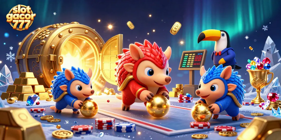 Slot gacor 777 menampilkan pangolin menggelinding dengan bola emas dan chip poker yang tersebar, refleksi gemerlap.