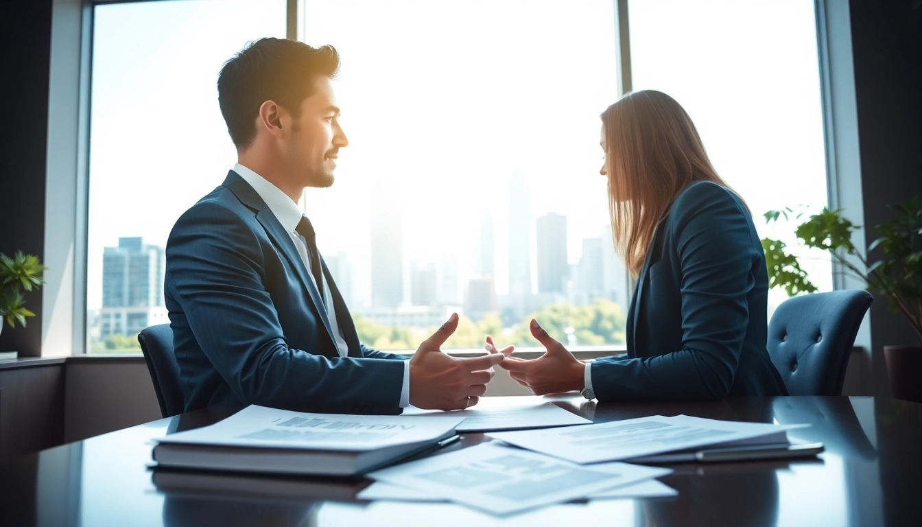 Real estate lawyer consulting a client in a professional setting with city skyline.