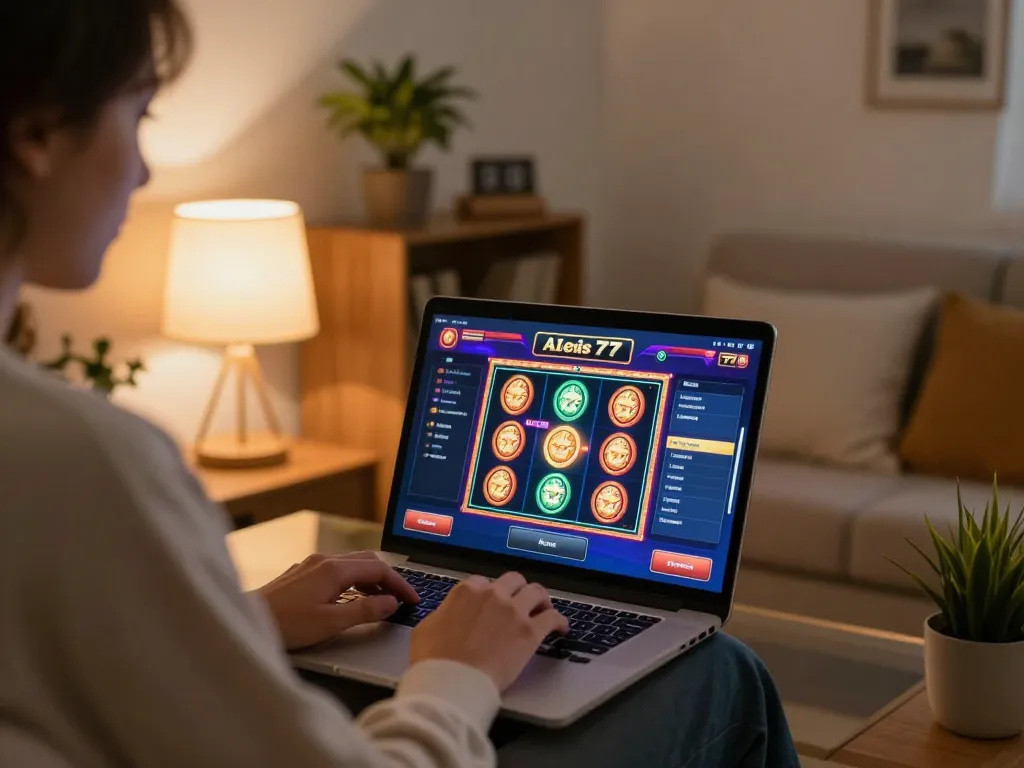 Player engaging with alexis77 slot on laptop in cozy home environment, showcasing a vibrant online gaming experience.