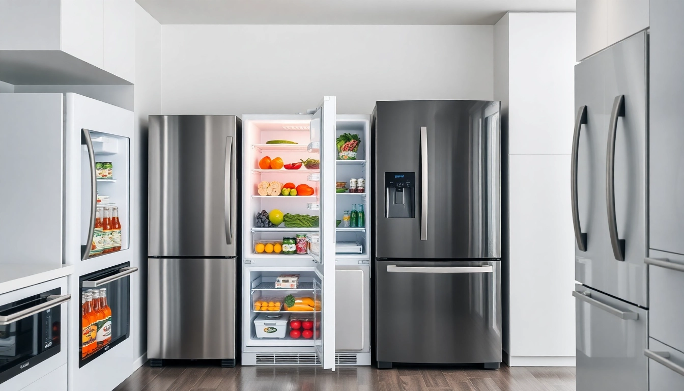 Engaging refrigerator sales display showcasing modern designs and vibrant colors in a sleek kitchen.