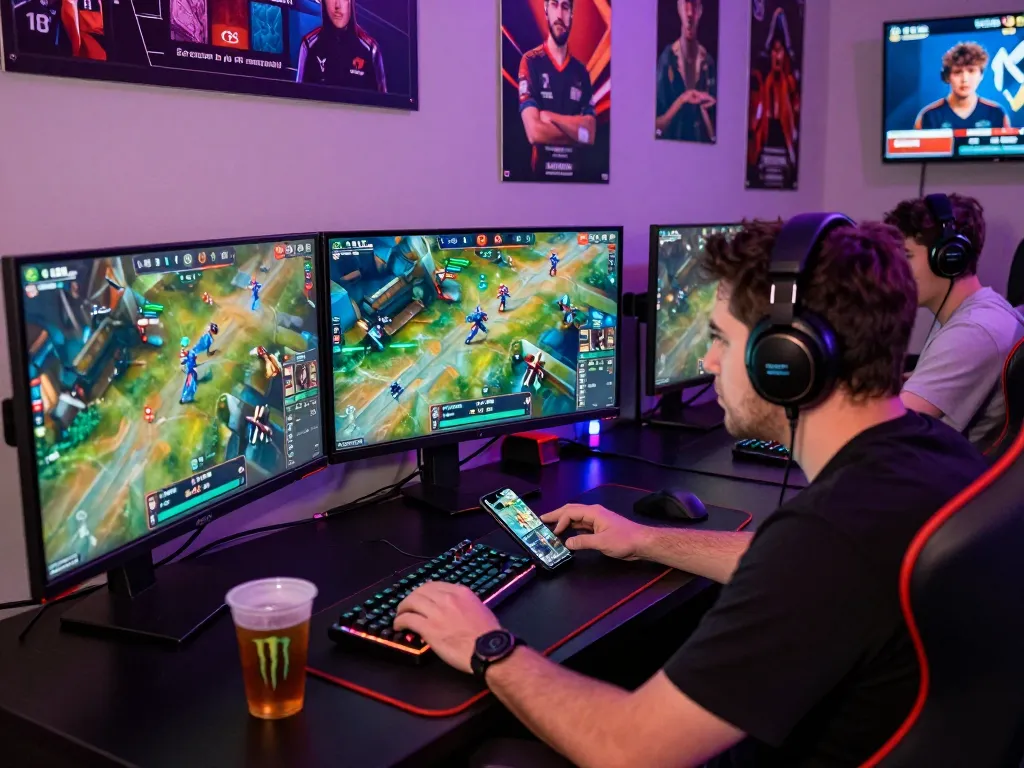 Exciting nổ hũ hubet88 esports betting scene with gamers engaged in live-streamed matches and vibrant visuals.