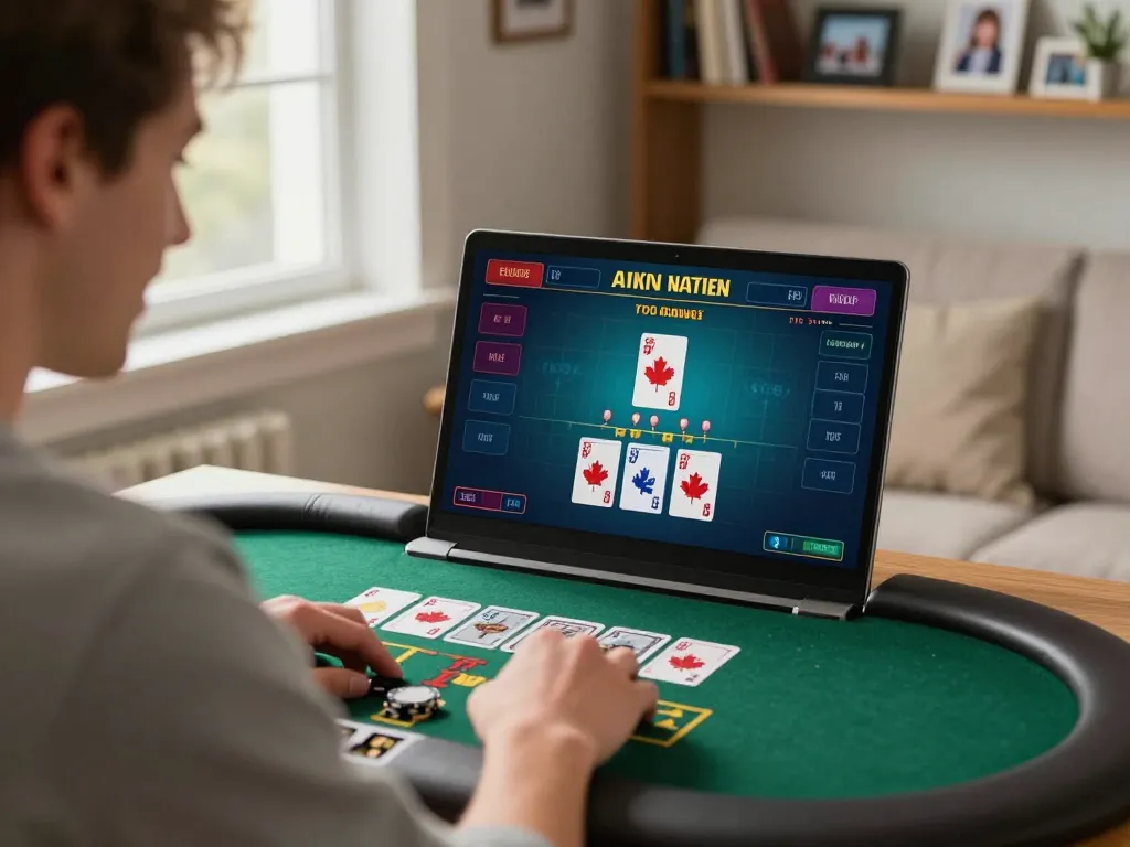 Canada online casinos reddit enthusiasts enjoying live dealer blackjack from home, showcasing strategic gaming moment.