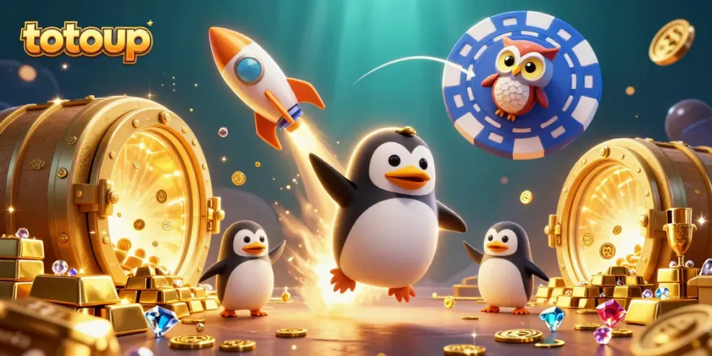 Experience thrilling wins with totoup in an enchanting casino-themed illustration featuring a penguin and treasures.