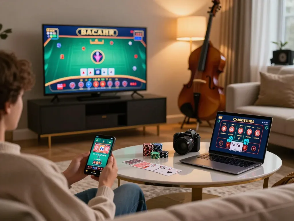 Online baccarat gaming scene with player enjoying a live dealer game at home, emphasizing the baccarat사이트 experience.