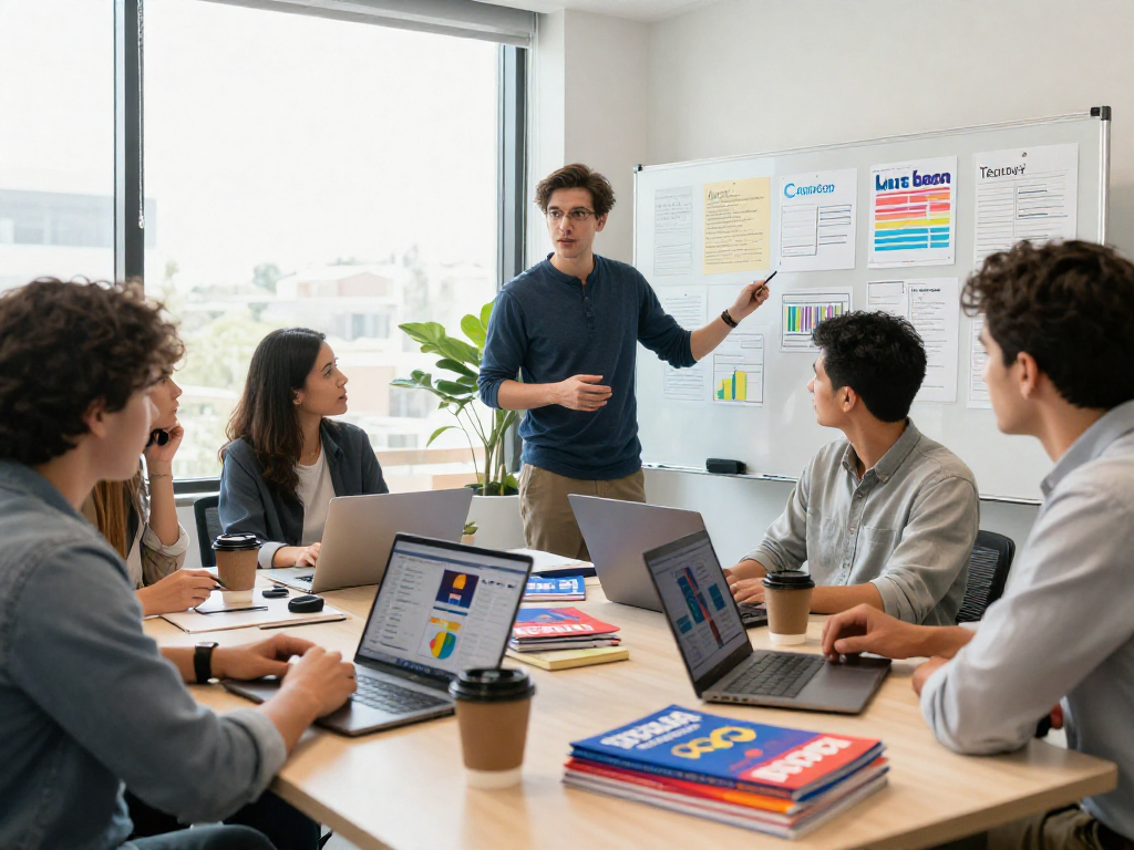 Strategists discussing radio advertising for political campaigns in a modern office, analyzing voter data and strategies.