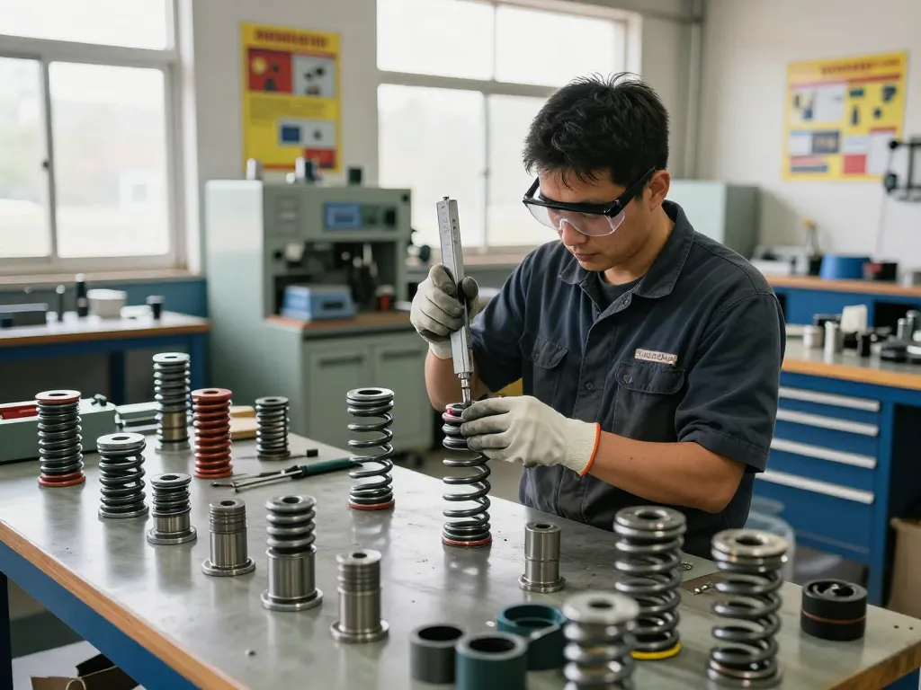 Tehnician lucrând cu arcuri tracțiune într-un atelier industrial, demonstrând procesul de asamblare a arcurilor de calitate.