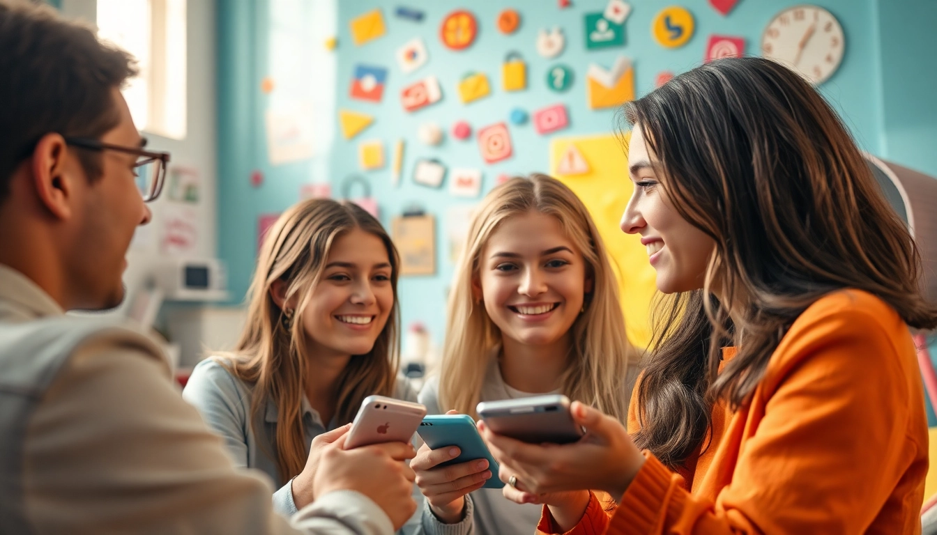 Engaging young creators discussing paid links for Instagram creators in a colorful studio.