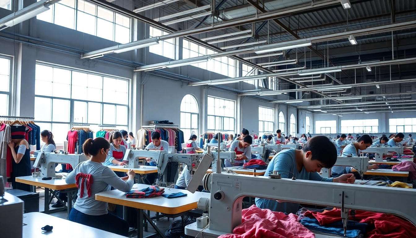 Showcase of Clothing Manufacturer China showcasing skilled workers creating garments in a vibrant factory.