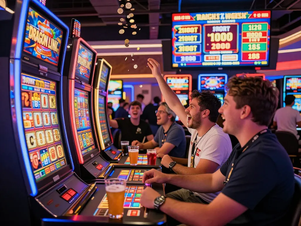 Suasana perjudian yang menarik dengan pemain di mesin link slot di kasino yang penuh warna.