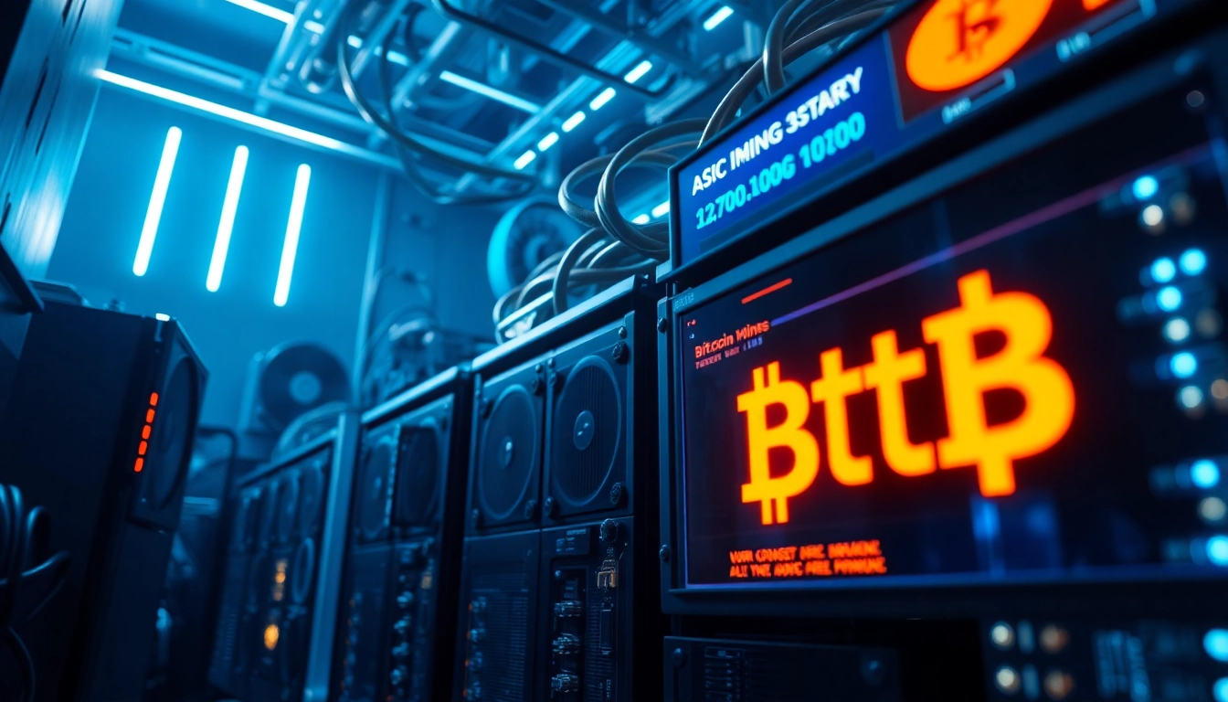 Bitcoin mining setup with advanced ASIC miners and digital displays