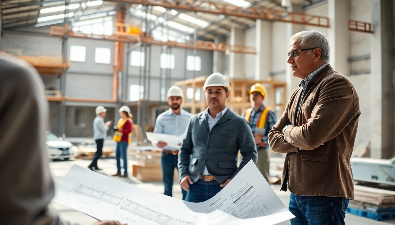 Showcasing experts collaborating on construction design services at a modern construction site.