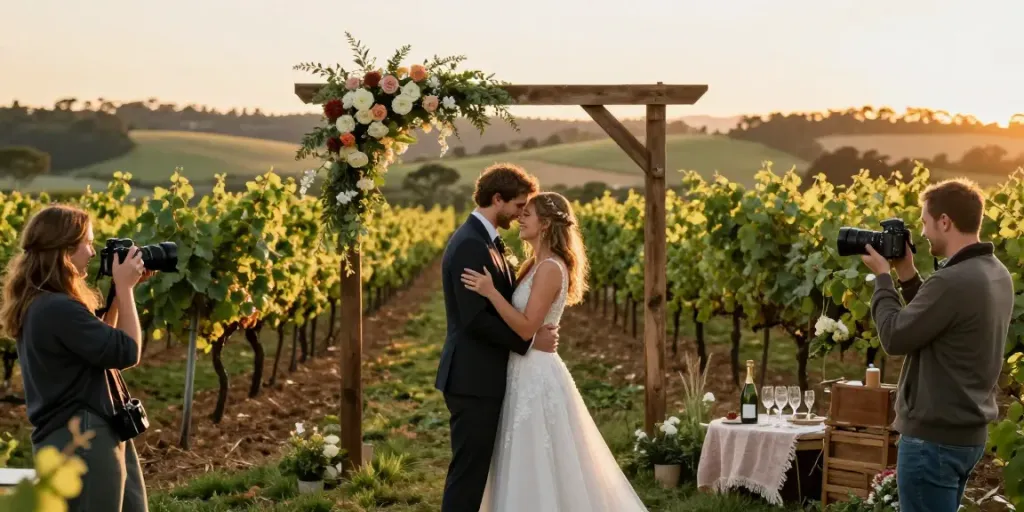 Couple captured by wedding photographer Hunter Valley in a vineyard, embracing at sunset.