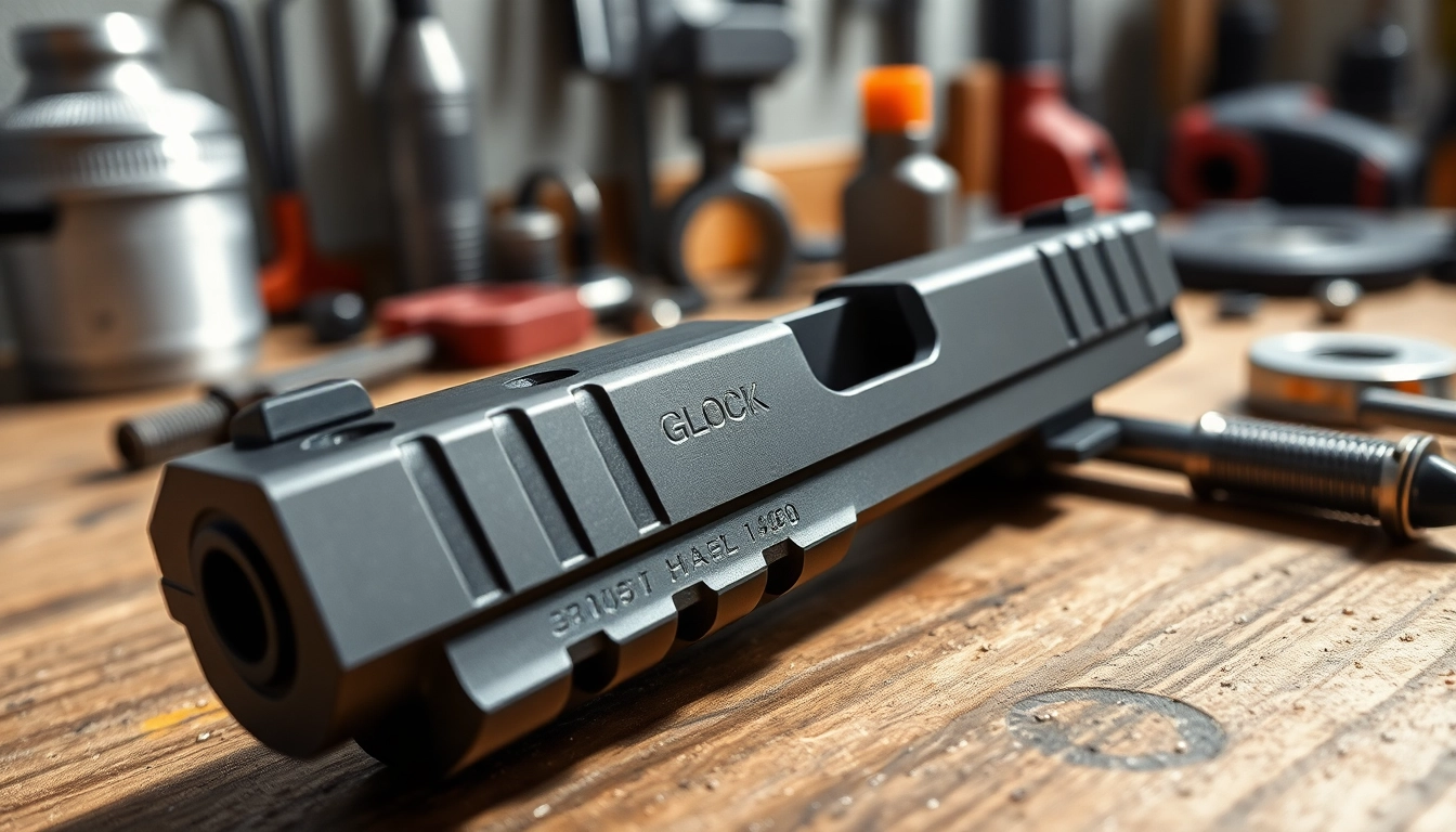 Showcasing a glock 19 gen 5 mos slide, highlighting its precision and sleek design on a workbench.