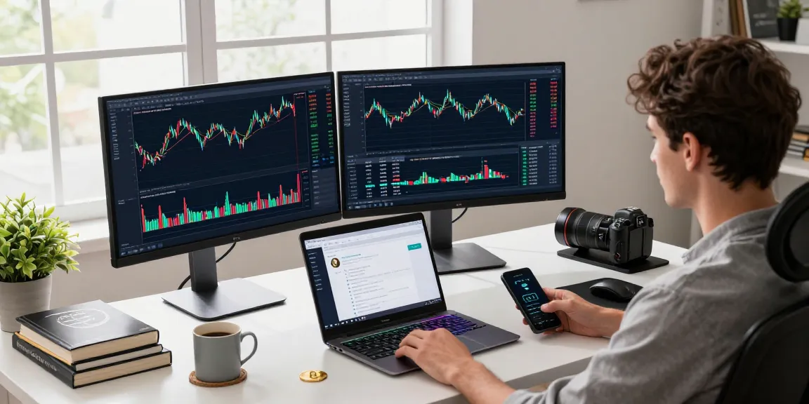 Engaging crypto workspace for cloud mining without hardware featuring Bitcoin trading charts, DeFi applications, and a digital wallet in a modern office.