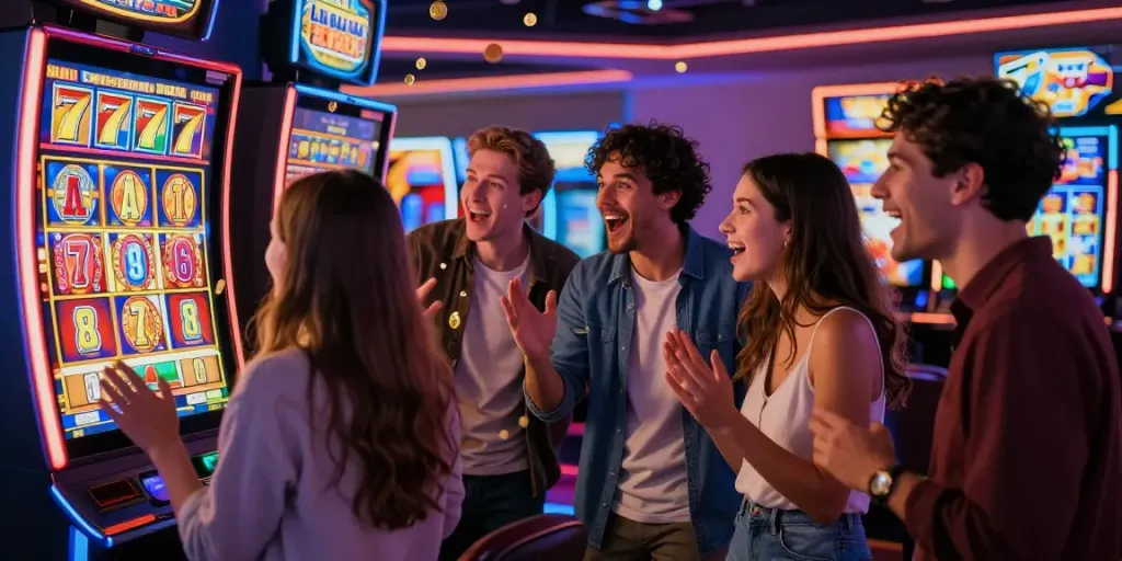Permainan slot777 di kasino dengan teman-teman merayakan kemenangan jackpot.