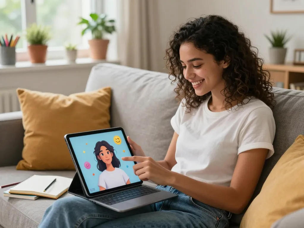Young woman happily chatting with her AI girlfriend on a tablet in a cozy living room.