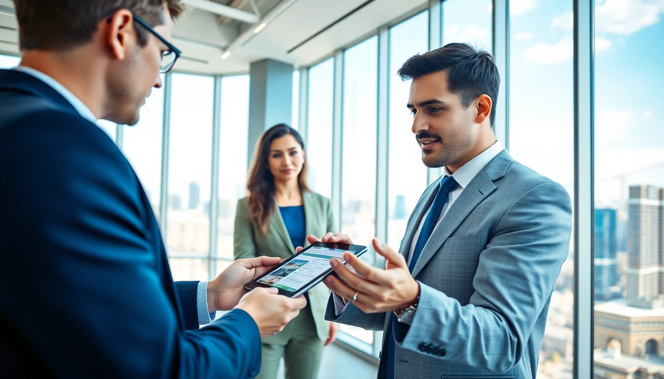 Showcase of real estate professionalism with an agent and city view in a bright office