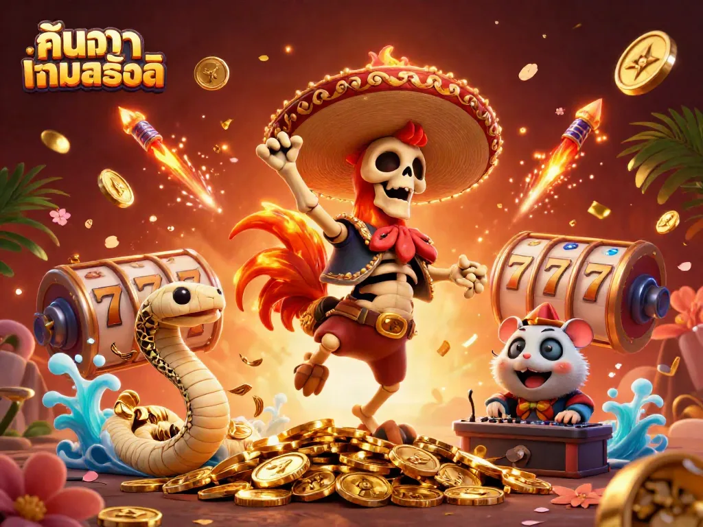 Experience the fun of ค้นหาเกมสล็อต with a lively 3D scene featuring a skeleton mariachi rooster and friends celebrating on coins.
