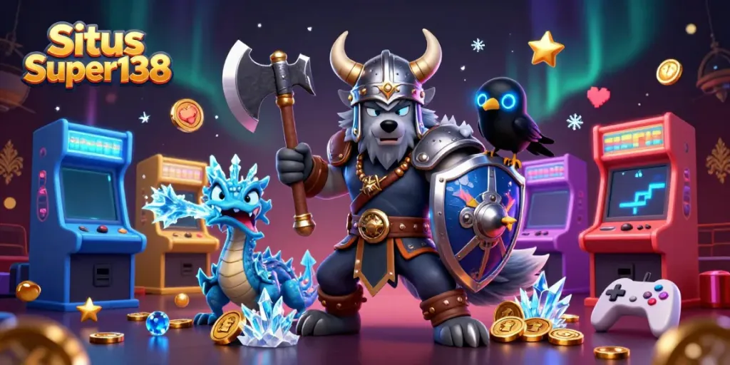 Engage in thrilling gaming action on Situs Super138 with an exciting 3D casino scene illustration.