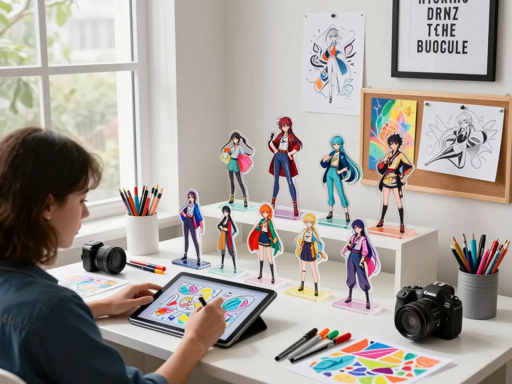 Custom acrylic standee designs displayed in a vibrant creative workspace.