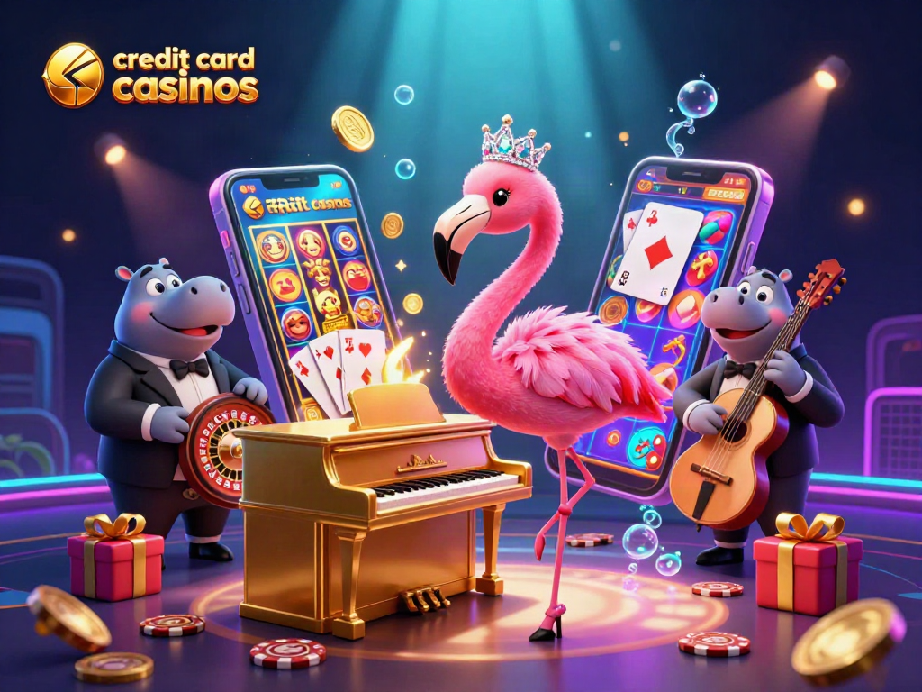 Vibrant scene showcasing credit card casinos with a flamingo singer, hippo bassist, and slot game on a smartphone.