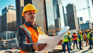 New York Construction Manager supervising a busy site with workers and skyscrapers in view.