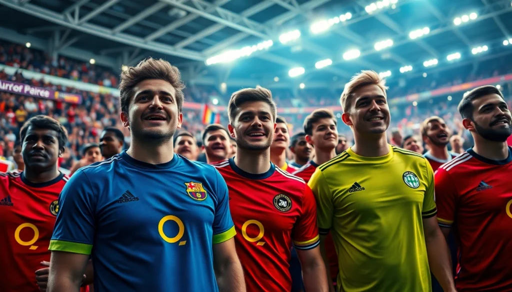 Showcasing vibrant discount football shirts worn by passionate fans in a lively stadium.