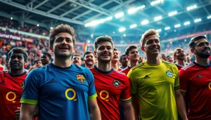 Showcasing vibrant discount football shirts worn by passionate fans in a lively stadium.