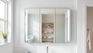 Zeige sonni Spiegelschrank elegant beleuchtet in einem modernen Badezimmer.