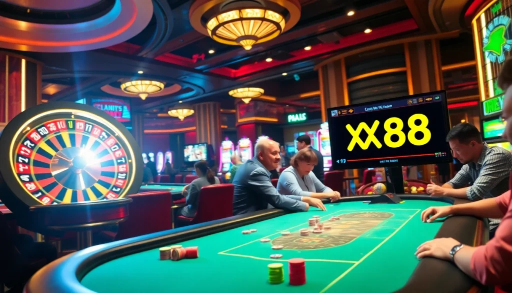 Experience the excitement of https://xx88.boats/ as players strategize at a vibrant poker table in a casino.
