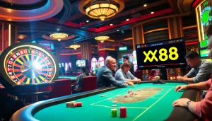 Experience the excitement of https://xx88.boats/ as players strategize at a vibrant poker table in a casino.