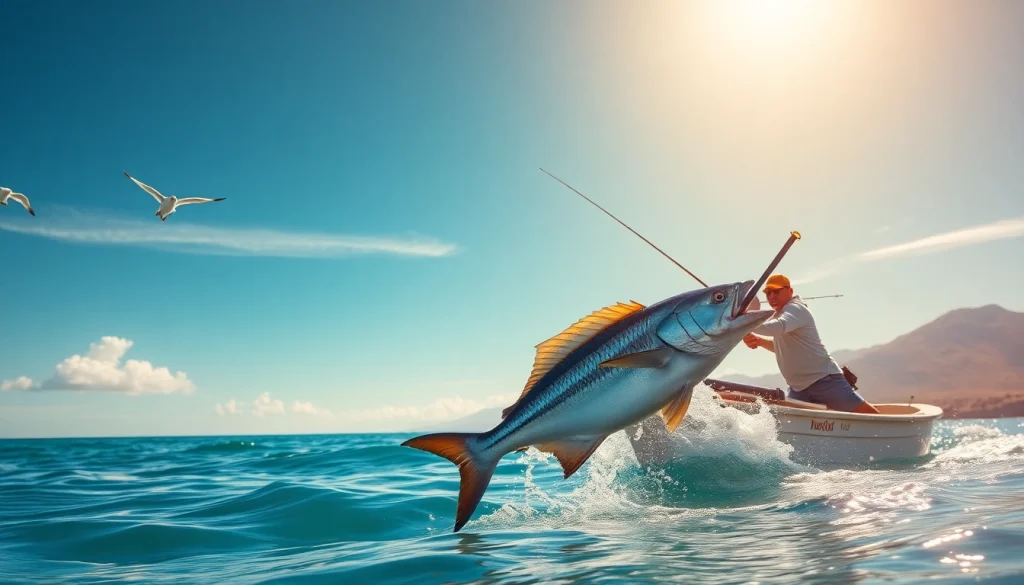 Angler catching a roosterfish fishing Mexico in vibrant turquoise waters.
