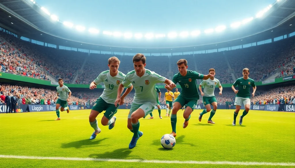 Dynamic soccer players engaging in lively action during a koora match.