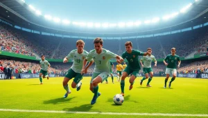 Dynamic soccer players engaging in lively action during a koora match.