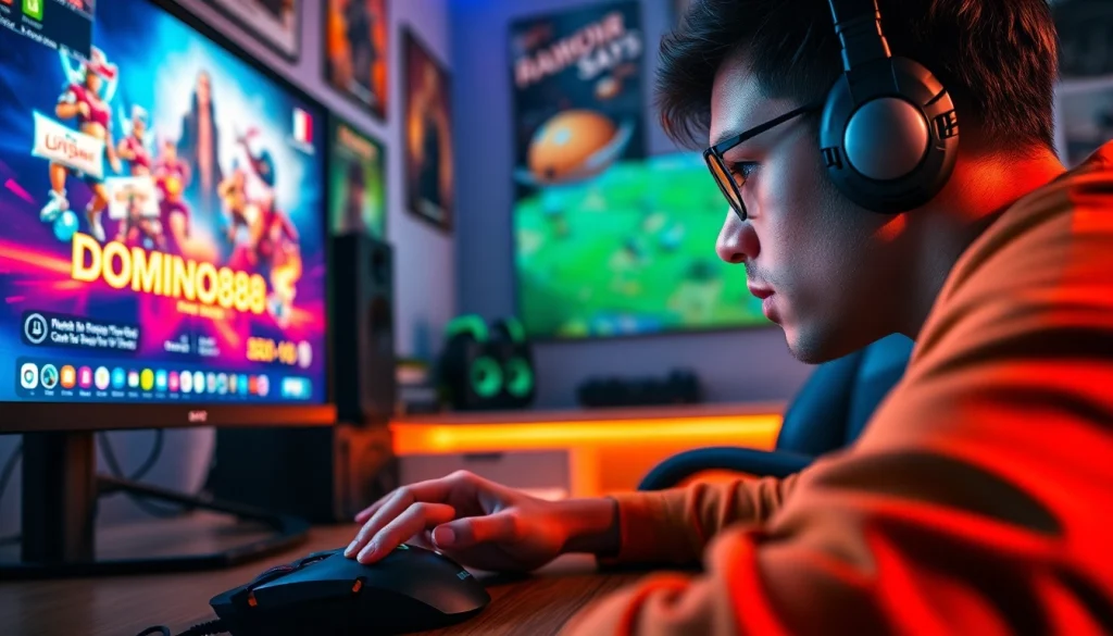 Partai intens domino88 game dengan pemain fokus di layar komputer.