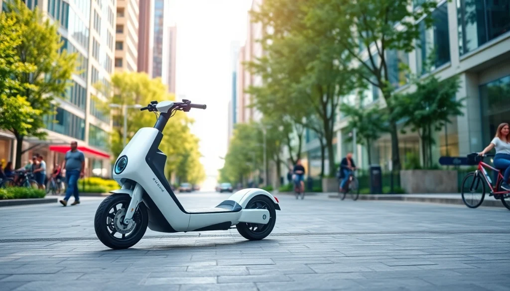 Erleben Sie e roller leasing in einer modernen Stadtumgebung mit einem elegant geparkten E-Roller.