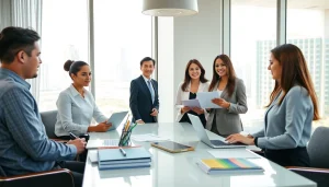 Maid Agency Dubai team consulting in a modern office with Dubai skyline.